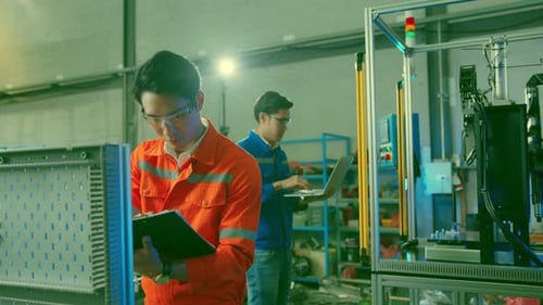 smart asian technical engineer working with assemble involved in the machine working design process