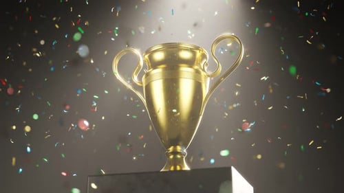 Golden metallic trophy cup on the platform in the colorful confetti rain. 4KHD