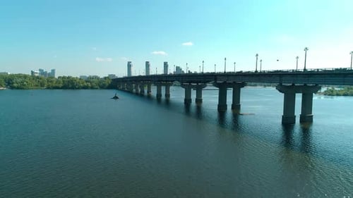 Aerial Drone Footage. Fly Above Paton's Bridge During Reconstruction