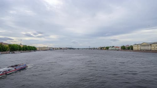 Timelapse river, saint petersburg, movement of ships along the river