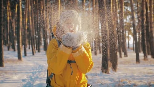 Beautiful Woman Blowing in the Snow in Pine Winter Forest