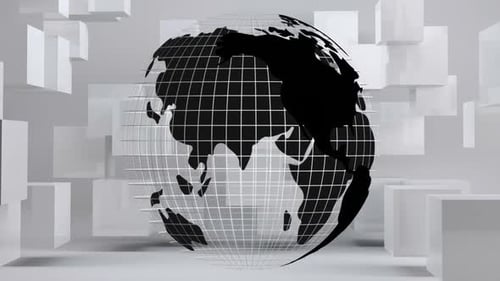 Globe turning around itself with with cube on background 4k