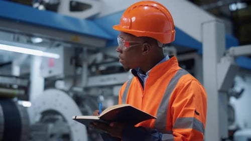 Uniformed Engineer Writing Notes at Machinery Plant