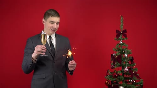 Man With Champagne Toasting New Year by Tree