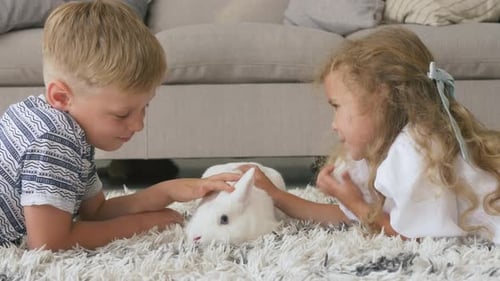 Children Petting Rabbit with Curious Puppy