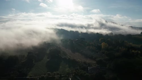 Aerial View of a Rural Landscape During Sunrise in Tuscany. Rural Farm, Vineyards, Green Fields