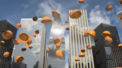 Orange Hard Hats Falling in Modern Corporate City Animation