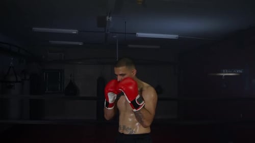 Shirtless Boxer Training, Punching in Boxing Ring at Night