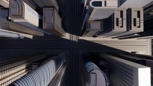 Render 3D de una ciudad brillante abstracta con rascacielos. Formas simples de edificios