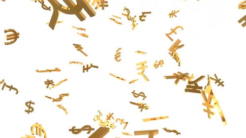Glänzende goldene Weltwährungszeichen fallen in Zeitlupen-3D-Animation herunter - 1080p