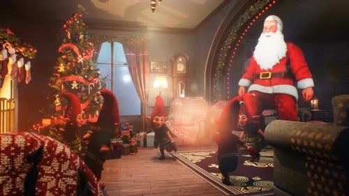Santa Claus and Elves Dancing in a Festive 3D Christmas Scene