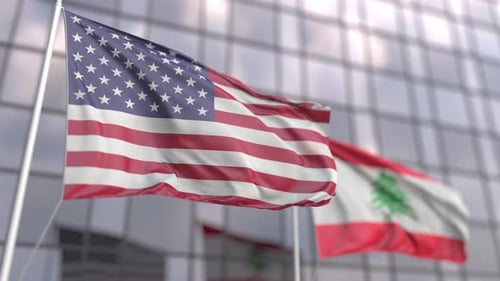Realistic American and Lebanese Flags Waving International Animation