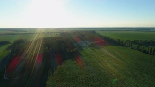 Vue aérienne : immense décharge en été au coucher du soleil ou au lever du soleil autour de la forêt