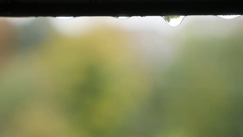 Des gouttes de pluie transparentes tombent du toit devant une vidéo peu profonde DOF 4K 2160p 30 images par seconde en UltraHD - E