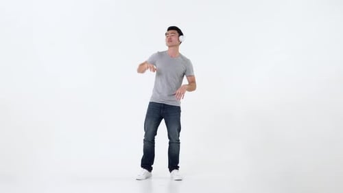 Man Dancing Happily With Headphones on White Background