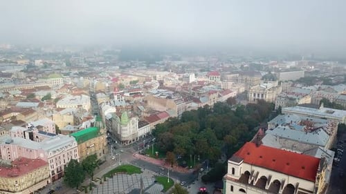 Aerial view of city central part of Lviv with historical buildings and trees.