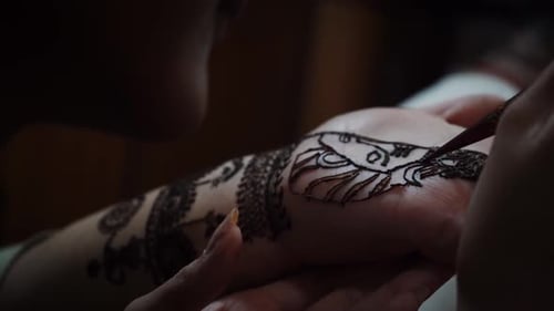 Woman Mehendi Artist Painting Henna On The Hand In Agra City, India. - High Angle Shot