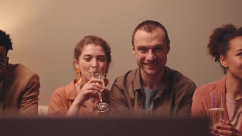 Friends Celebrating Virtual Party, Holding Champagne Glasses