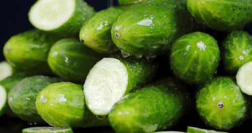 Fresh Green Cucumbers Stacked High with Water Droplets