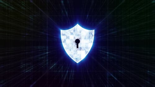 A blue security shield and firewall on dot connection background