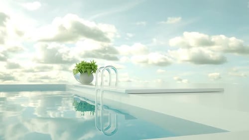 Fantastic white and blue swimming pool with crystal clear water and blue sky