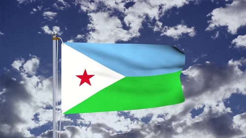 Waving Djibouti Flag Animation Against Blue Sky with Clouds