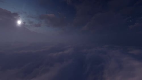 Flying Above Moving Clouds in Dusk Sky Background