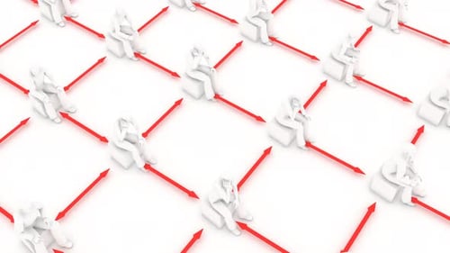 Minimalist Figures Connected by Red Arrows Network