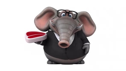 3D Animated Elephant Character in Suit Holding Meat