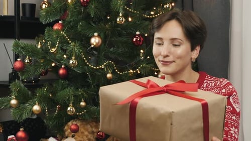 Woman Holds Christmas Gift by Decorated Tree