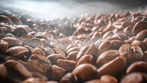 Close Up of Seeds of Coffee. Fragrant Coffee Beans Are Roasted Smoke Comes From Coffee Beans.