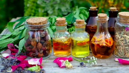 Herbal Remedies and Natural Medicine on Wood Table