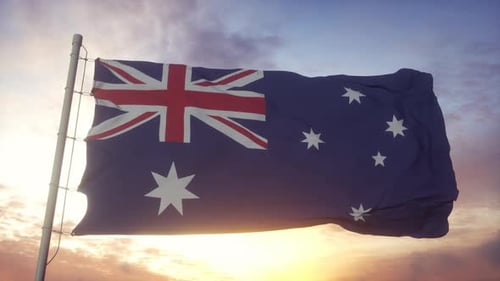 Realistic Waving Australian Flag with Sunset Sky