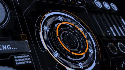 Head-up-Display-Technologie, Schnittstellenbildschirm mit futuristischen 3D-Elementen, Diagramm und Chat-Panel