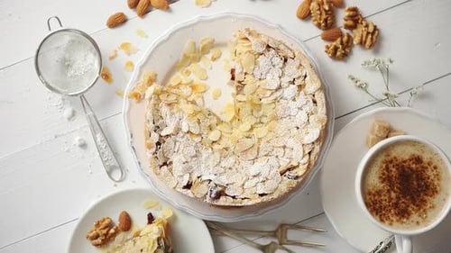Almond Cake Dessert Overhead Shot with Coffee