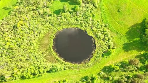 Aerial Flight From Top Bottom Over an Small Lake with Perfectly Round Shape