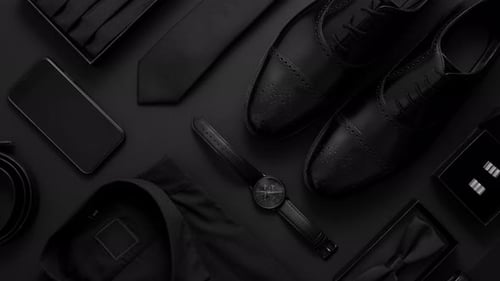 Elegantes Konzept für Männerkleidung Set mit schwarzer Garderobe und Zubehör für offizielle Party-Abend-Meetings