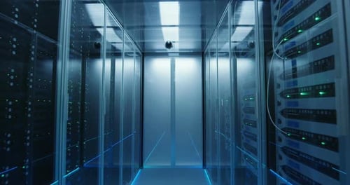 Long Hallway Full Server Racks in a Modern Data Center