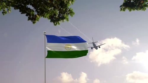 Bashkortostan Flag Waving with Airplane Over City Skyline