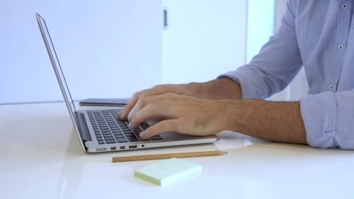 Adult Typing at Laptop in Bright Office