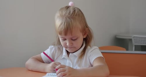 Portrait School Kid Siting on Table Doing Homework School and Home Schooling Distance Education