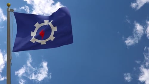 Waving Industrial Corporate Flag Against Blue Sky Background
