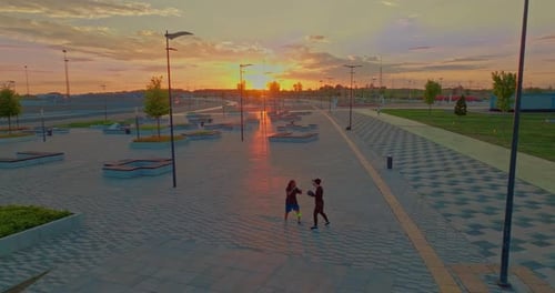 Fighting Workout Outdoors in City View From Drone Two Pugilists are Practicing Punch Prores