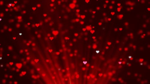 Romantic Floating Red Hearts with Light Rays Background Loop