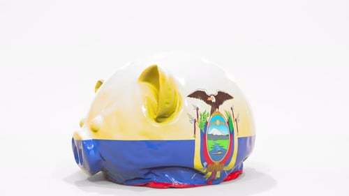 Deflating Piggy Bank with Flag of Ecuador