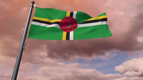 Waving Dominica Flag Against Dramatic Sky Background