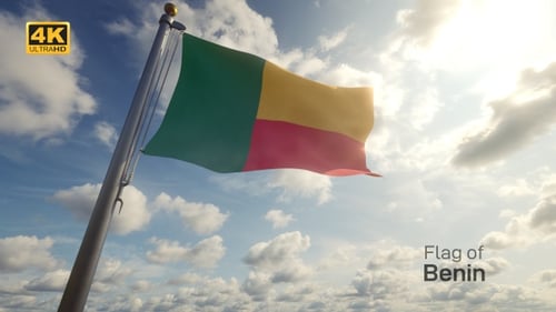 Benin National Flag Waving in Blue Sky