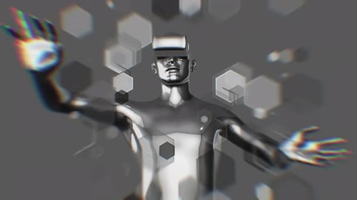 Futuristic VR Figure with Glitch Hexagon Interface