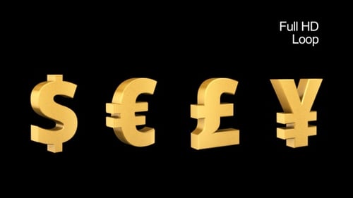Shiny Gold 3D Rotating Currency Symbols Collection Loop