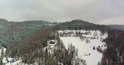 Mit Schnee bedeckter Wald Luftaufnahme. Luftaufnahme eines Dorfes in den Bergen